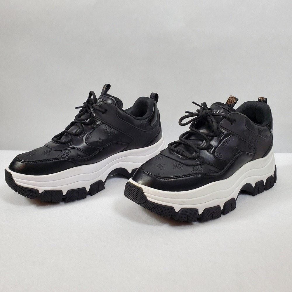 GUESS Busin Black & White Sneakers Chunky Platform Embossed Logo Womens Size 11